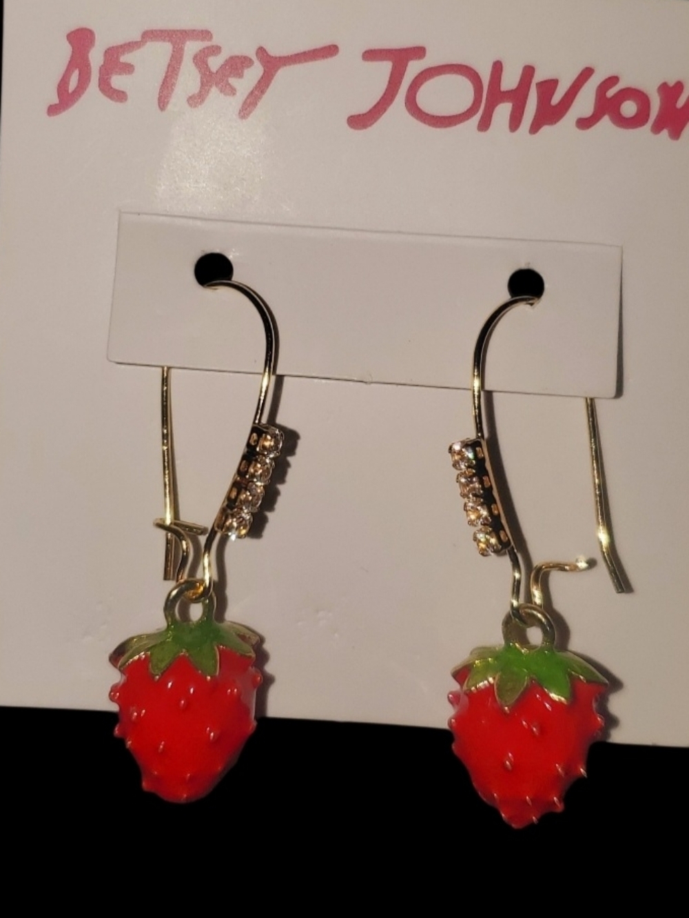 Red Strawberry Drop Earrings with Green Leaves rhinestones 🍓